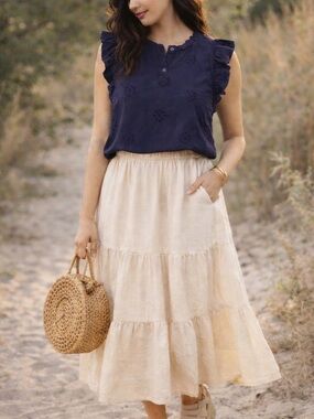 Free Assembly Dark Navy Eyelet Button Front Top